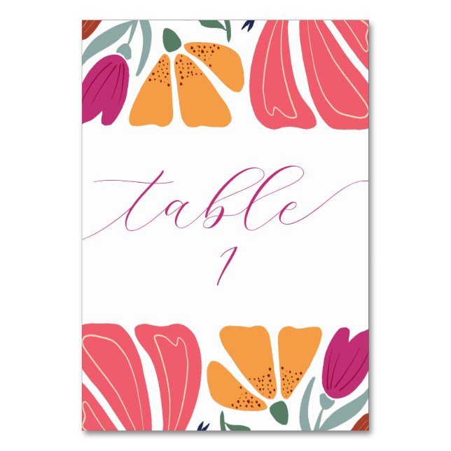 Modern Multicolor Floral Wedding Script  Table Number (Front)