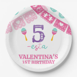 Modern Multicolored Girls Fiesta 5th Birthday Paper Plate