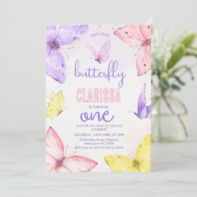 Modern Multicolored Little Butterfly 1st Birthday Invitation (Standing Front)