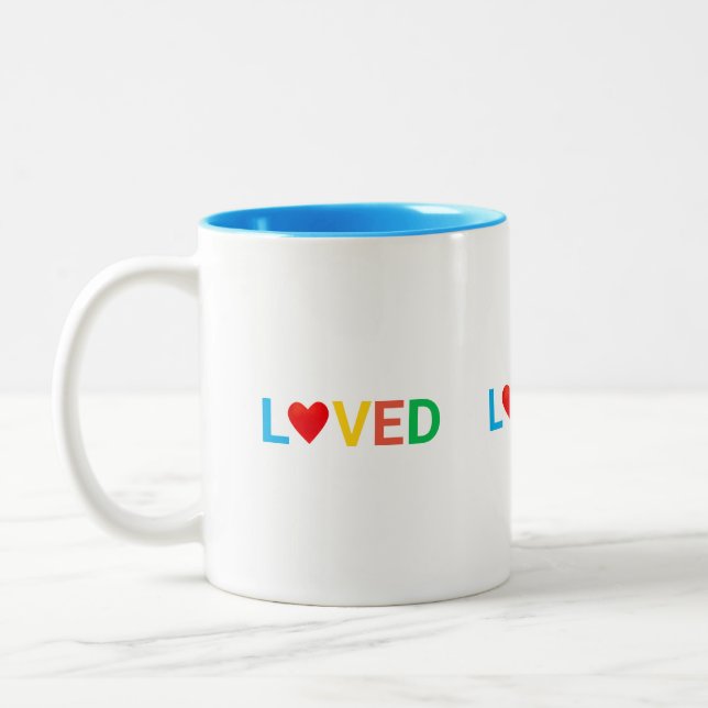 Modern Multicolored Personalized Loved Heart Two-Tone Coffee Mug (Left)