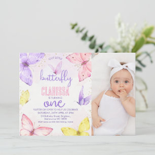 Modern Multicolored Photo Butterfly 1st Birthday  Invitation