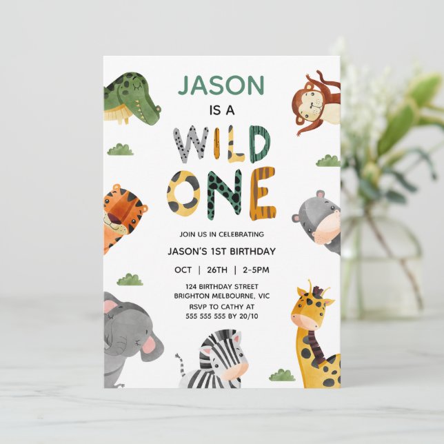 Modern Multicolored Safari Wild One 1st Birthday Invitation (Standing Front)