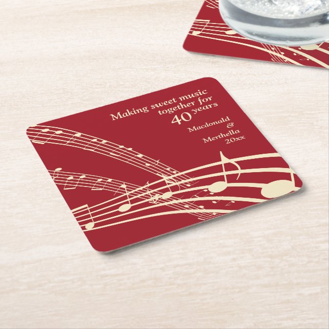 Modern MUSIC 40th Ruby Wedding Anniversary  Square Paper Coaster (Angled)