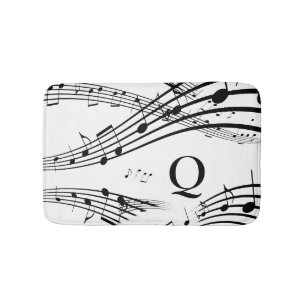 Modern Music Notes White Black Monogram Bath Mat