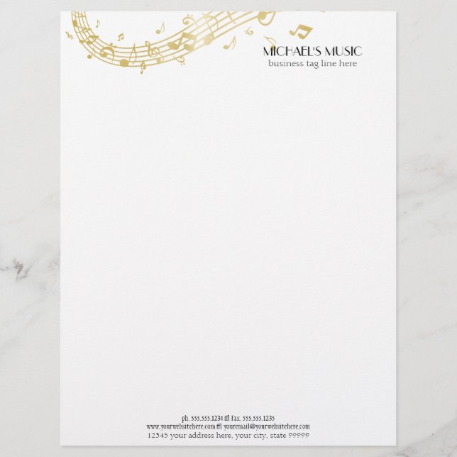 Modern Musical Business Branding Gold Music Notes Letterhead (Front)