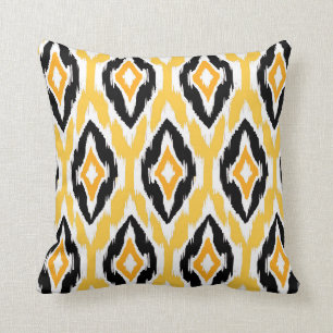 Modern mustard black white Ikat Tribal Pattern 1a Throw Pillow