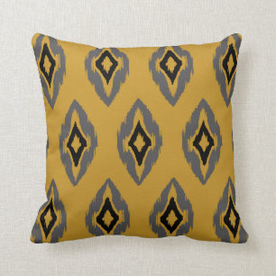 Modern mustard grey black Ikat Tribal Pattern 1b Throw Pillow
