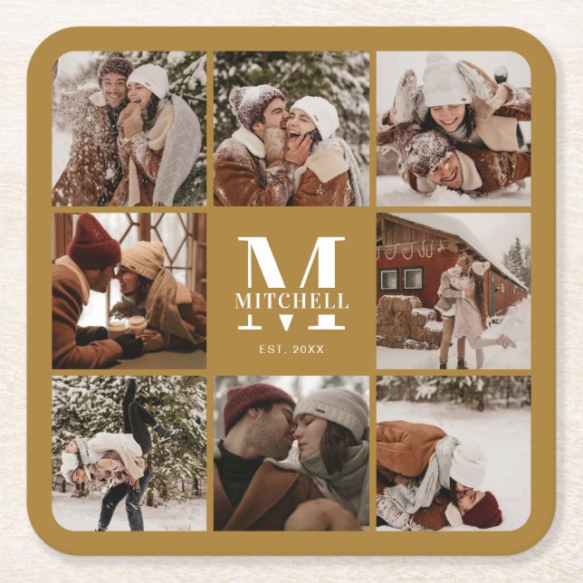 Modern Mustard Monogram Initial Family Name Photo Square Paper Coaster (Front)