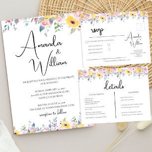 Modern Mustard Yellow and Lavender Floral Wedding Invitation