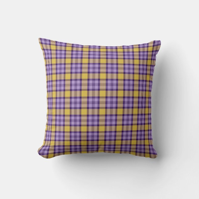 Modern Mustard Yellow and Lavender Purple Plaid Th Throw Pillow (Front)