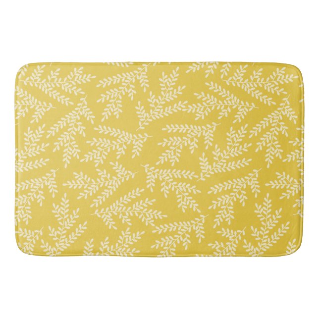 Modern Mustard Yellow Floral Leaves Pattern Bath Mat (Front)