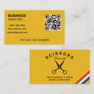 Modern Mustard Yellow QR Code Barber Shop Business Card