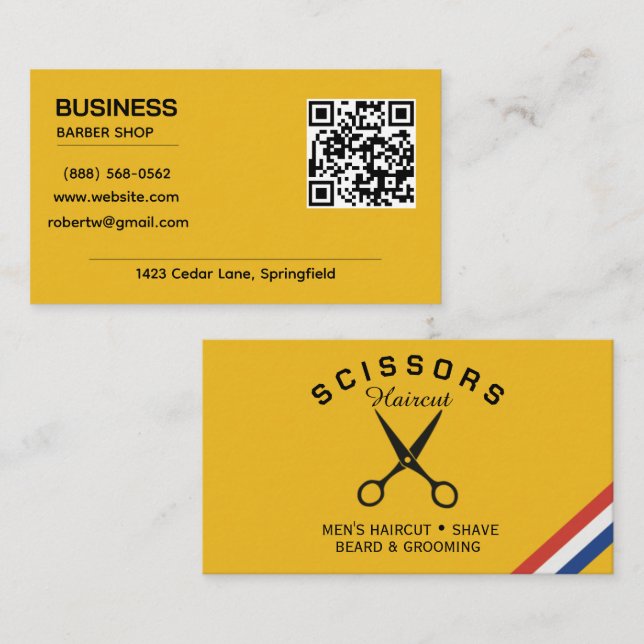 Modern Mustard Yellow QR Code Barber Shop Business Card (Front/Back)