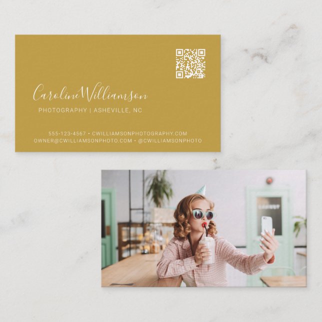 Modern Mustard Yellow Script Photo QR Code Trendy Business Card (Front/Back)