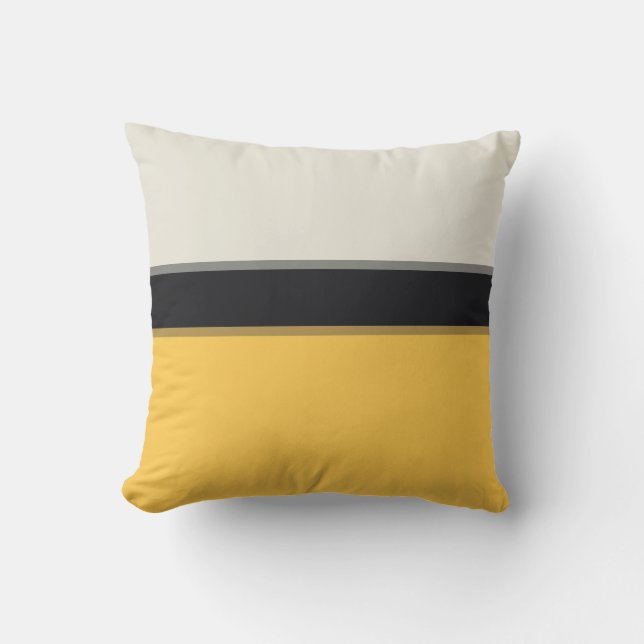 Modern Mustard Yellow Silver Grey Black Stripes Outdoor Pillow (Front)