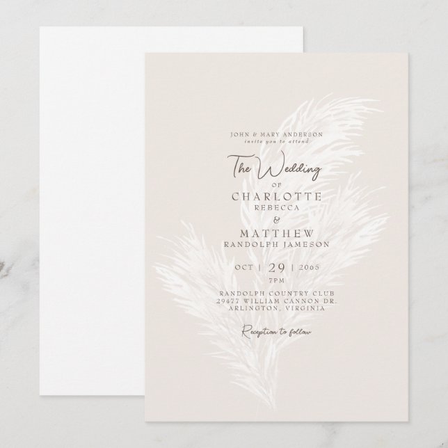 Modern Muted Pampas Neutral Bride Parent Wedding   Invitation (Front/Back)