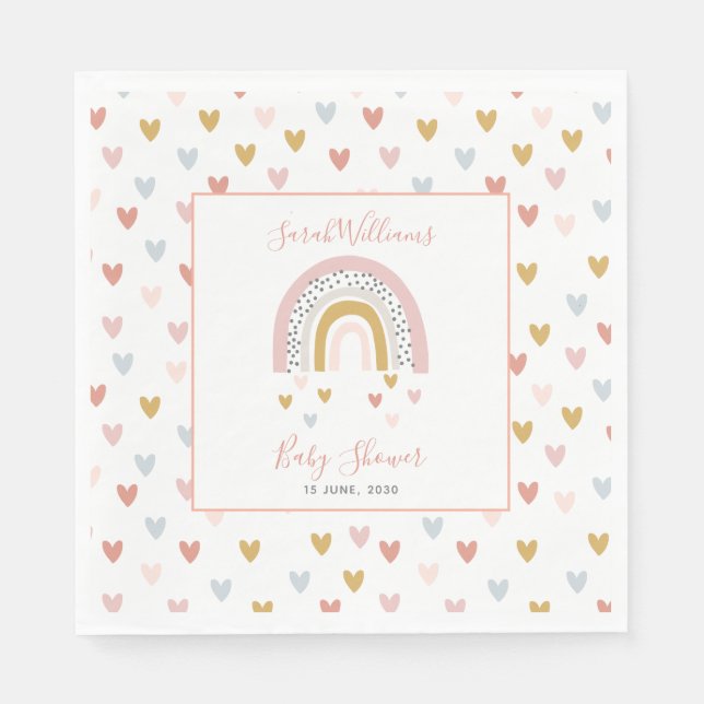 Modern Muted Rainbow Baby Shower Sprinkle Hearts Napkin (Front)