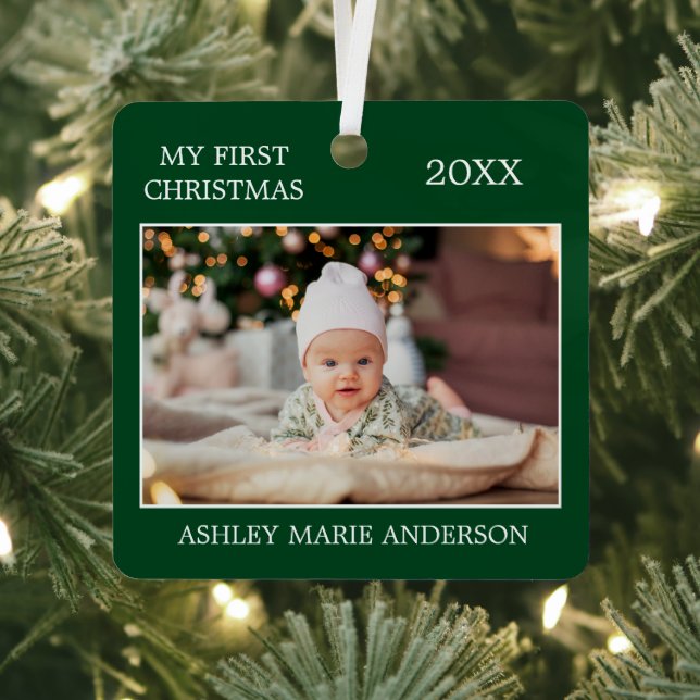 Modern My First Christmas Baby Photo Green Metal Ornament (Insitu)