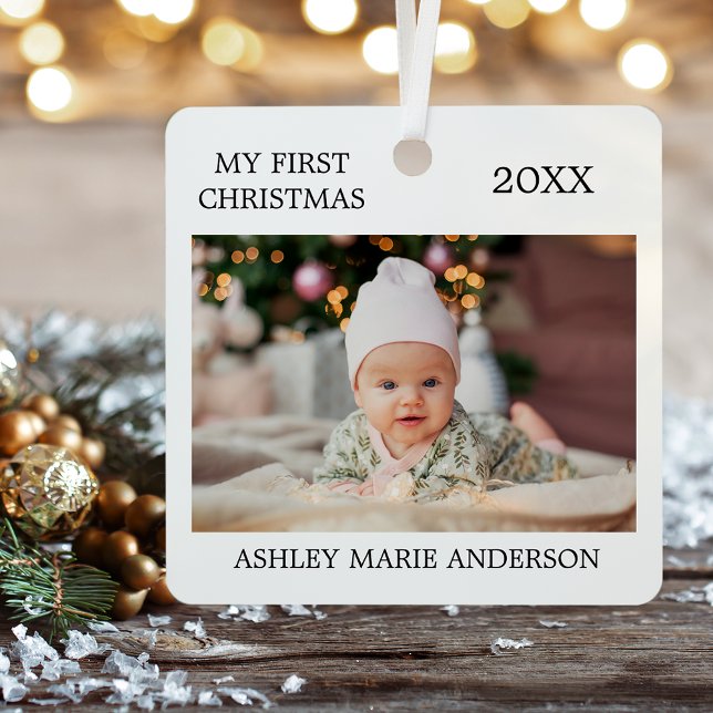 Modern My First Christmas Baby Photo Metal Ornament (Customize to change text size or style.)