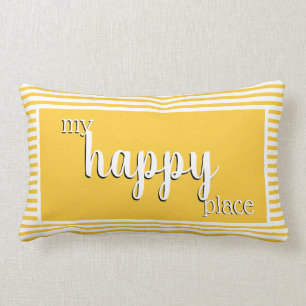 Modern My Happy Place Typography Yellow Stripe Lumbar Pillow