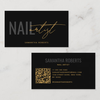 Modern nail artist QR Code black gold Business Card