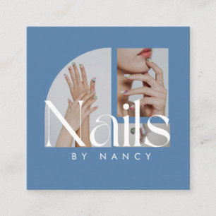 Modern Nail Salon Photo Collage Dusty Blue  Square Business Card