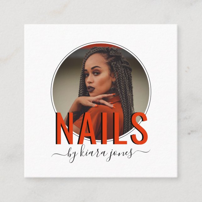 Modern Nail Salon Photo Script Signature Square Bu Square Business Card (Front)