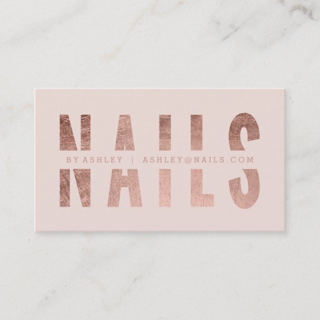 Modern nails cut out rose gold typography blush business card (Front)