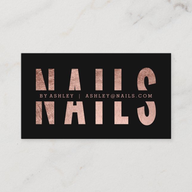 Modern nails lashes cut out rose gold black business card (Front)