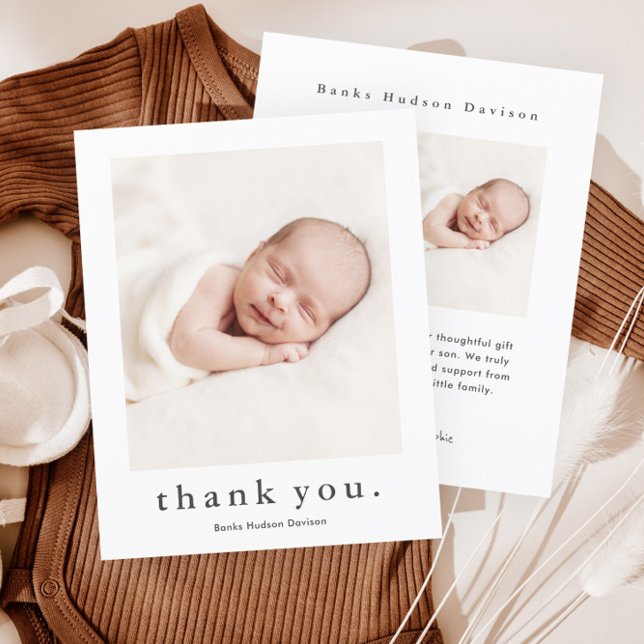 Modern Name 2 Photo Baby Thank You Card (Simple Photo Budget Baby Thank You Cards.)