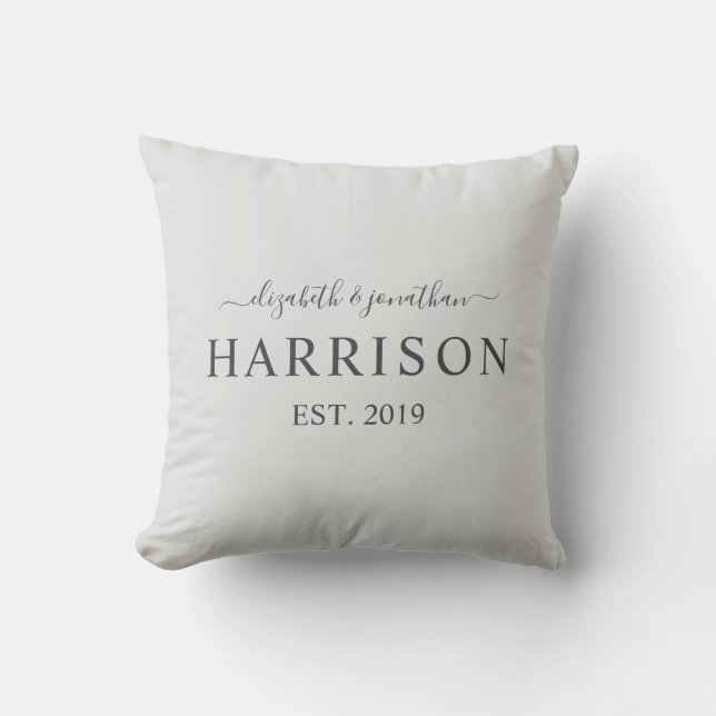 Modern Name and Year Established Dark Grey Throw Pillow (Front)
