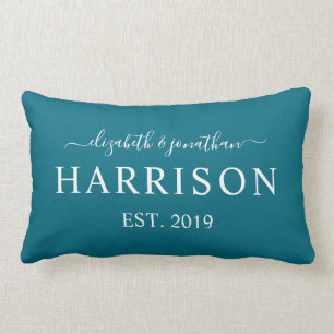 Modern Name and Year Established Dark Teal Lumbar Pillow