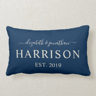 Modern Name and Year Established Navy Blue Lumbar Pillow