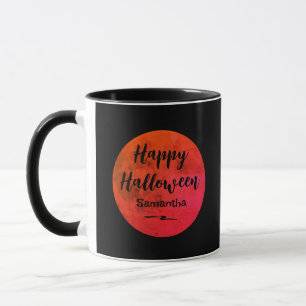 Modern Name Black Orange Full Moon Happy Halloween Mug