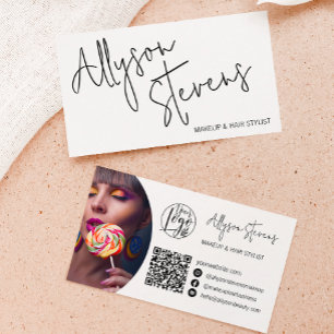 Modern name bold script makeup hair logo qr code business card