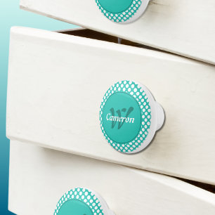 Modern Name Initial Turquoise White Polka Dots Ceramic Knob