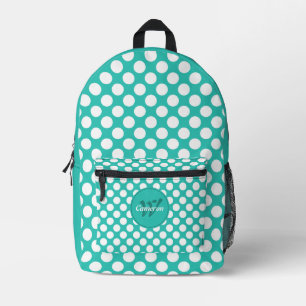 Modern Name Initial Turquoise White Polka Dots Printed Backpack