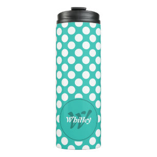Modern Name Initial Turquoise White Polka Dots Thermal Tumbler