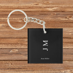 Modern Name & Initials Black Keychain