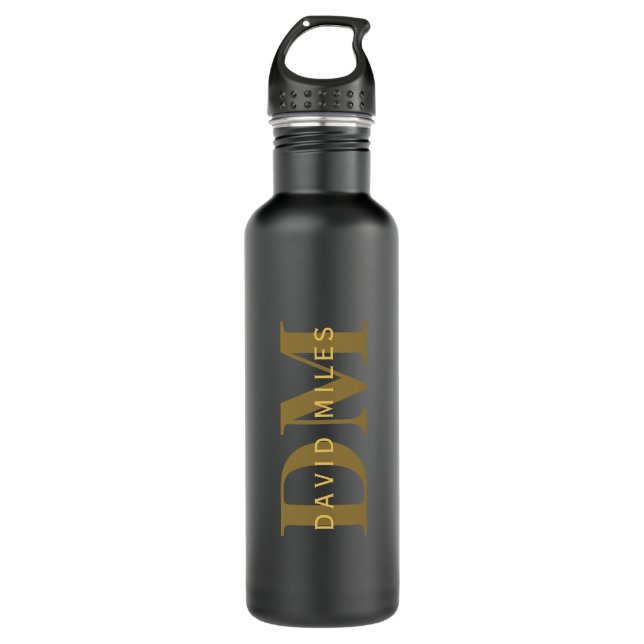 Modern Name & Monogram | Gold & Dark Grey 710 Ml Water Bottle (Front)