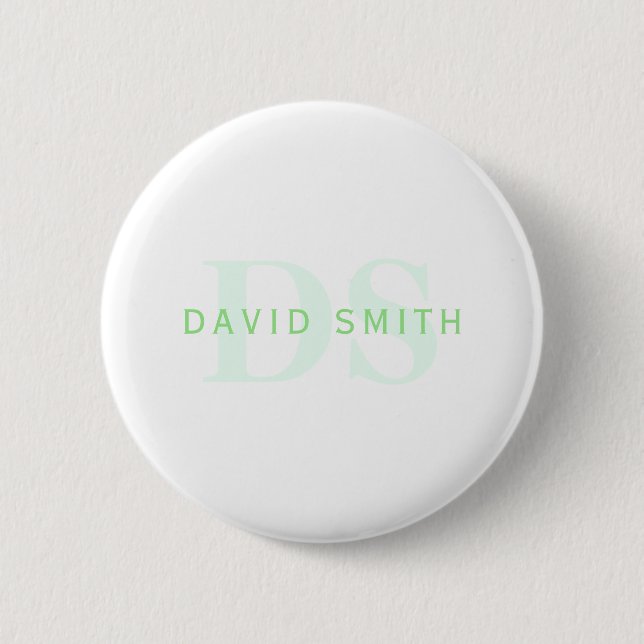 Modern Name & Monogram | Green & White 2 Inch Round Button (Front)