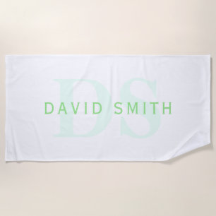 Modern Name & Monogram Green & White Beach Towel