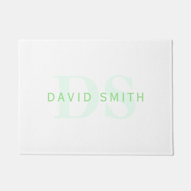 Modern Name & Monogram | Green & White Doormat (Front)