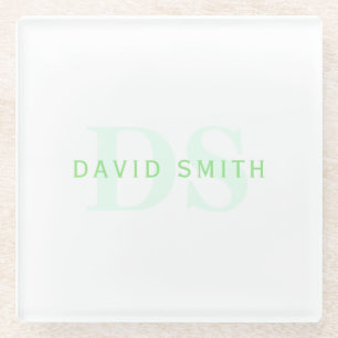 Modern Name & Monogram Green & White Glass Coaster