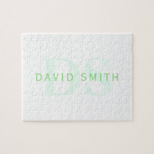 Modern Name & Monogram Green & White Jigsaw Puzzle