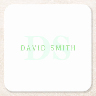 Modern Name & Monogram Green & White Square Paper Coaster