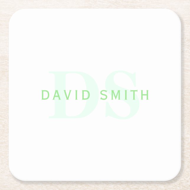 Modern Name & Monogram | Green & White Square Paper Coaster (Front)