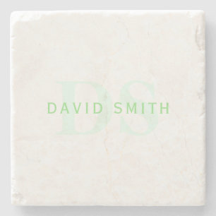 Modern Name & Monogram Green & White Stone Coaster