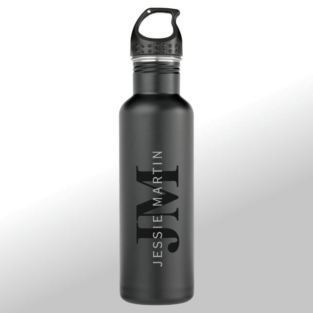 Modern Name & Monogram | Grey & Black 710 Ml Water Bottle