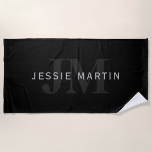 Modern Name & Monogram Grey & Black Beach Towel
